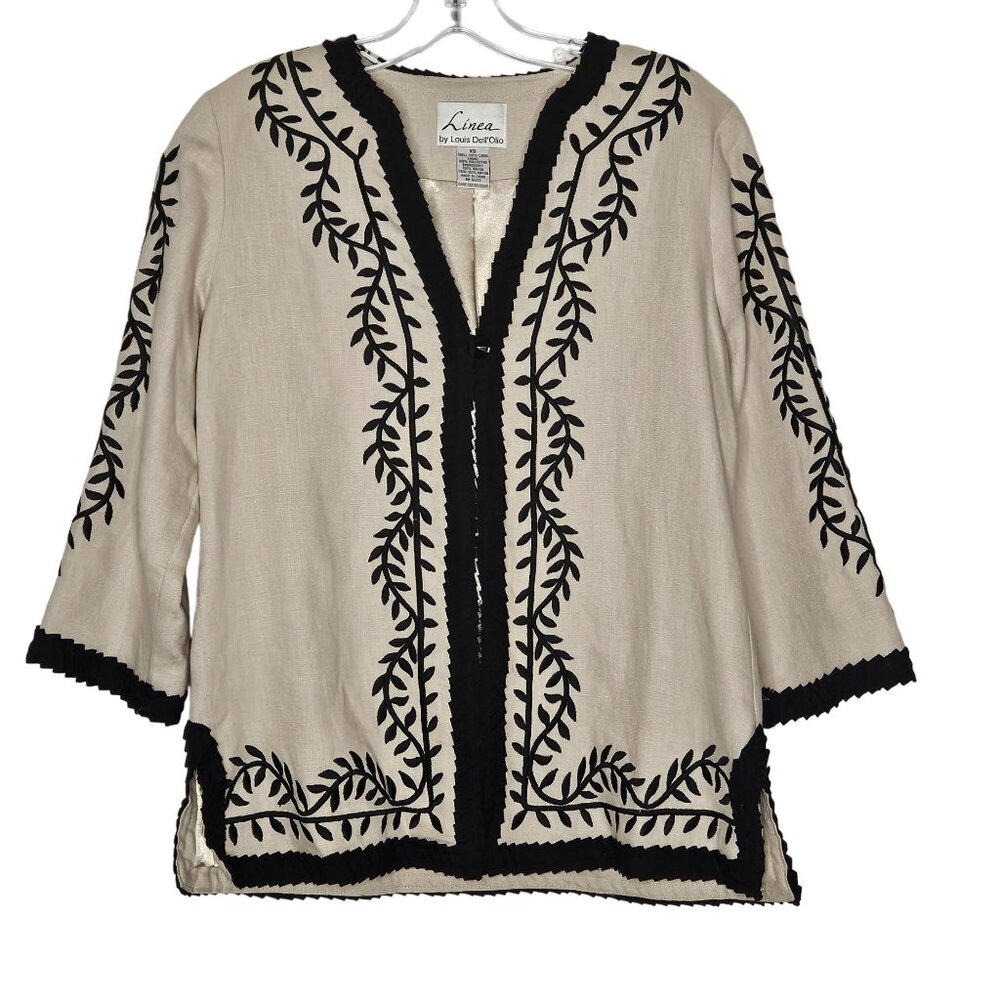 Linea by Louis Dell'Olio Jacket XS Beige Linen Black Embroidered Artsy Boho